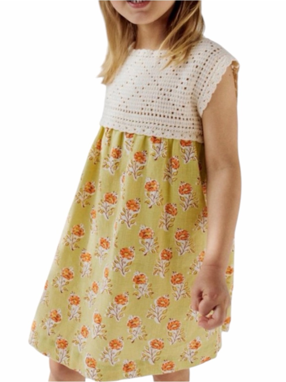 Zara White Crochet Yoke Dress with Yellow Orange Floral Skirt
